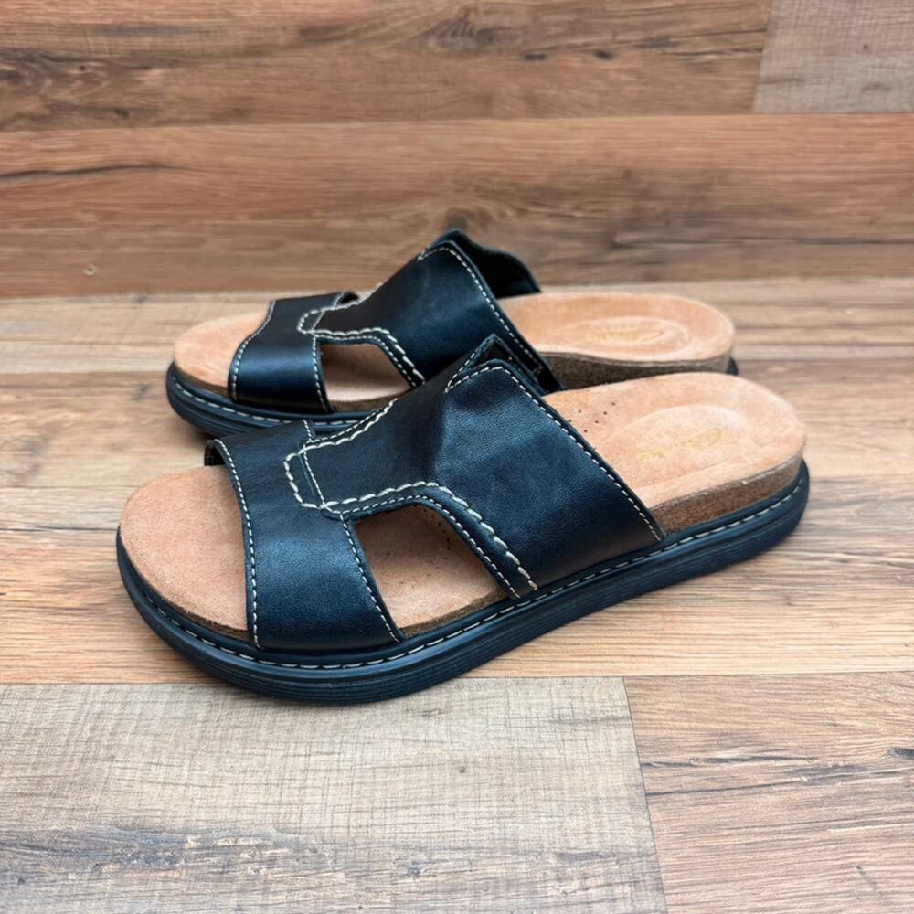 Clarks Artisan Womens Size 6 Black Leather Slide Sandals Cork Footbed Slip On